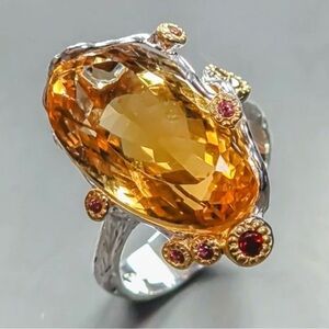 Art Deco 30ct Natural Citrine Quartz Ring 925 Silver Size 7.5 Rhodolite Accents